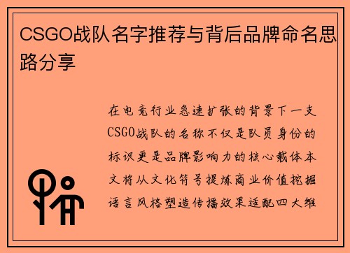 CSGO战队名字推荐与背后品牌命名思路分享